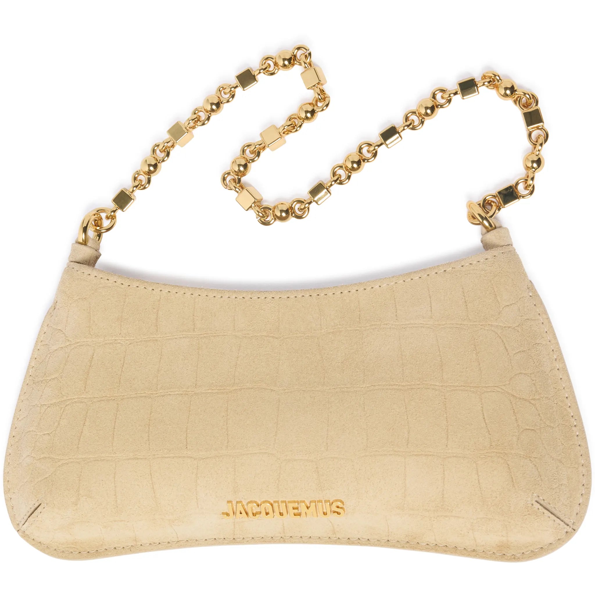 Front View of Jacquemus The Bisou Chain Small Suede Beige Shoulder Bag BAW00404AC07A17150